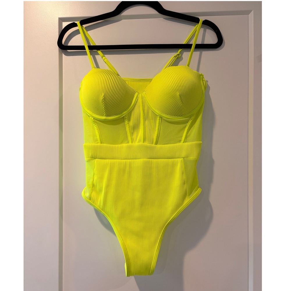 Neon Yellow Sheer Bustier One Piece Swimsuit Size L Y2K High Cut Summer Vaca